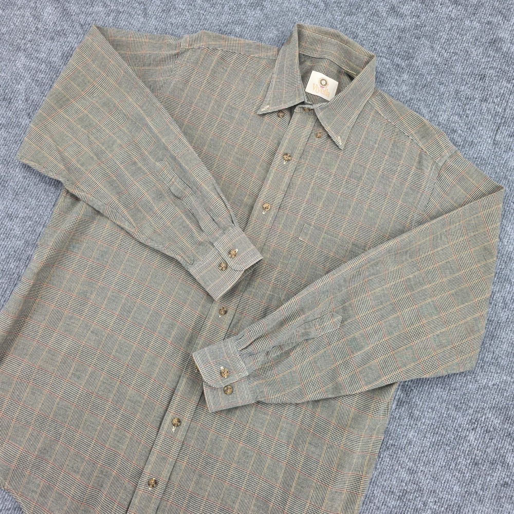 Viyella Mens Cotton Wool Blend Glen Plaid Button Down Shirt Tan Gray Large 0877